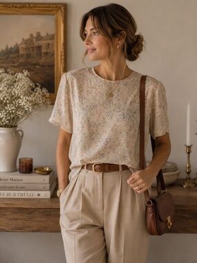 100% Silk VTG Liz Claiborne Collection Cream Floral Button Up Back Blouse 10